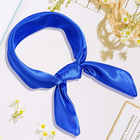 Women Blue Chiffon Square Ribbon Neck Scarf Satin Handkerchief For Halloween - Picture 2 of 7